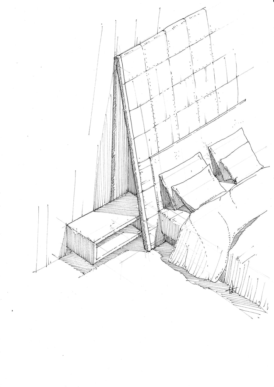Dessin d'agencement d'une chambre présentant une tête de lit sur mesure et son chevet pour l'Hôtel Agassac