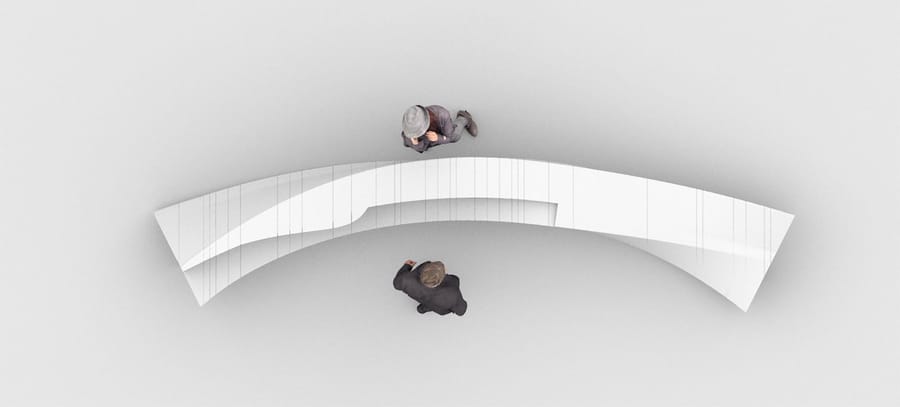 Vue de dessus d'un comptoir d'accueil blanc incurvé avec deux personnes de part et d'autre, pour un projet d'architecture, Hôtel Agassac à Ludon-Médoc