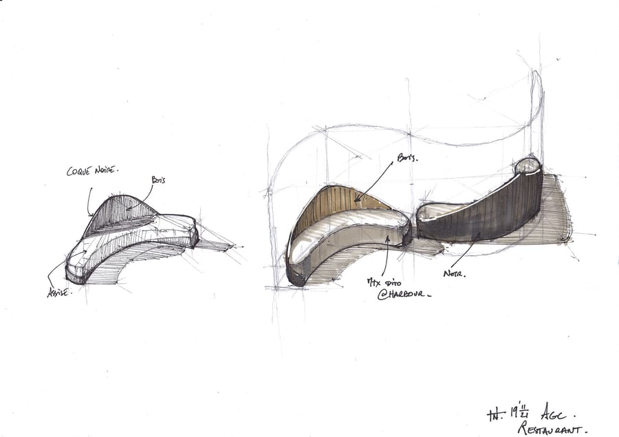 Esquisse annotée de banquettes sur mesure en bois et structure noire pour l'aménagement intérieur d'un restaurant, Hôtel Agassac à Ludon-Médoc