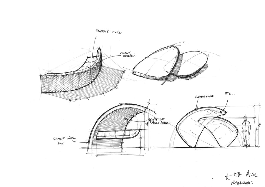 Esquisses d'architecte dessinées à la main représentant des banquettes modernes annotées pour l'aménagement d'un restaurant, Hôtel Agassac à Ludon-Médoc