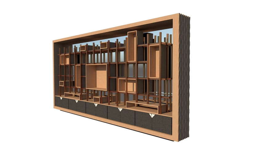 Meuble sur mesure en bois aux casiers géométriques et rangements bas, conçu pour l'Hôtel Agassac