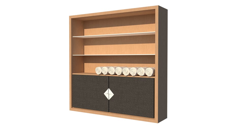 Meuble de rangement en bois comprenant des étagères avec des serviettes roulées et deux portes sombres à l'Hôtel Agassac