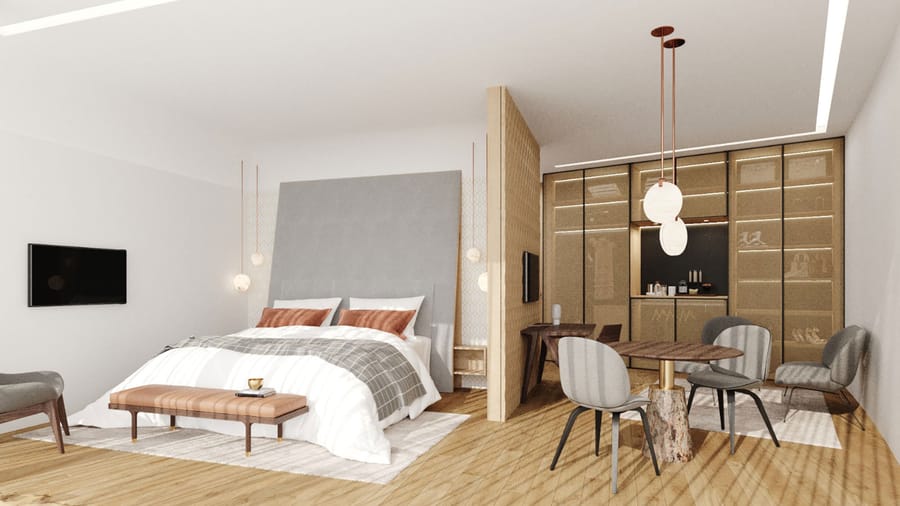 Chambre d'hôtel contemporaine divisée en un espace nuit et un coin salon par une cloison centrale, Hôtel Agassac à Ludon-Médoc