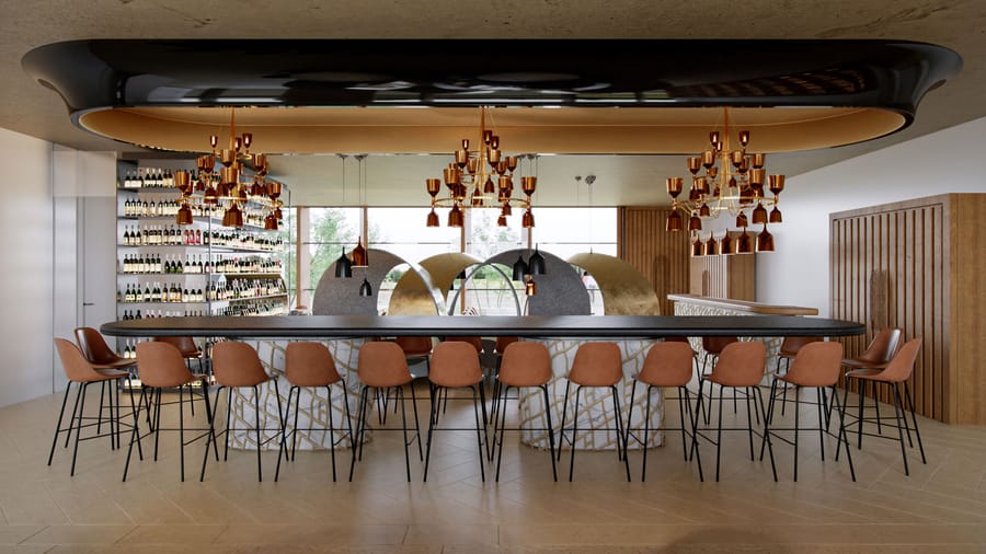 Comptoir d'un bar moderne aménagé avec des tabourets en cuir orange et des lustres dorés, Hôtel Agassac à Ludon-Médoc