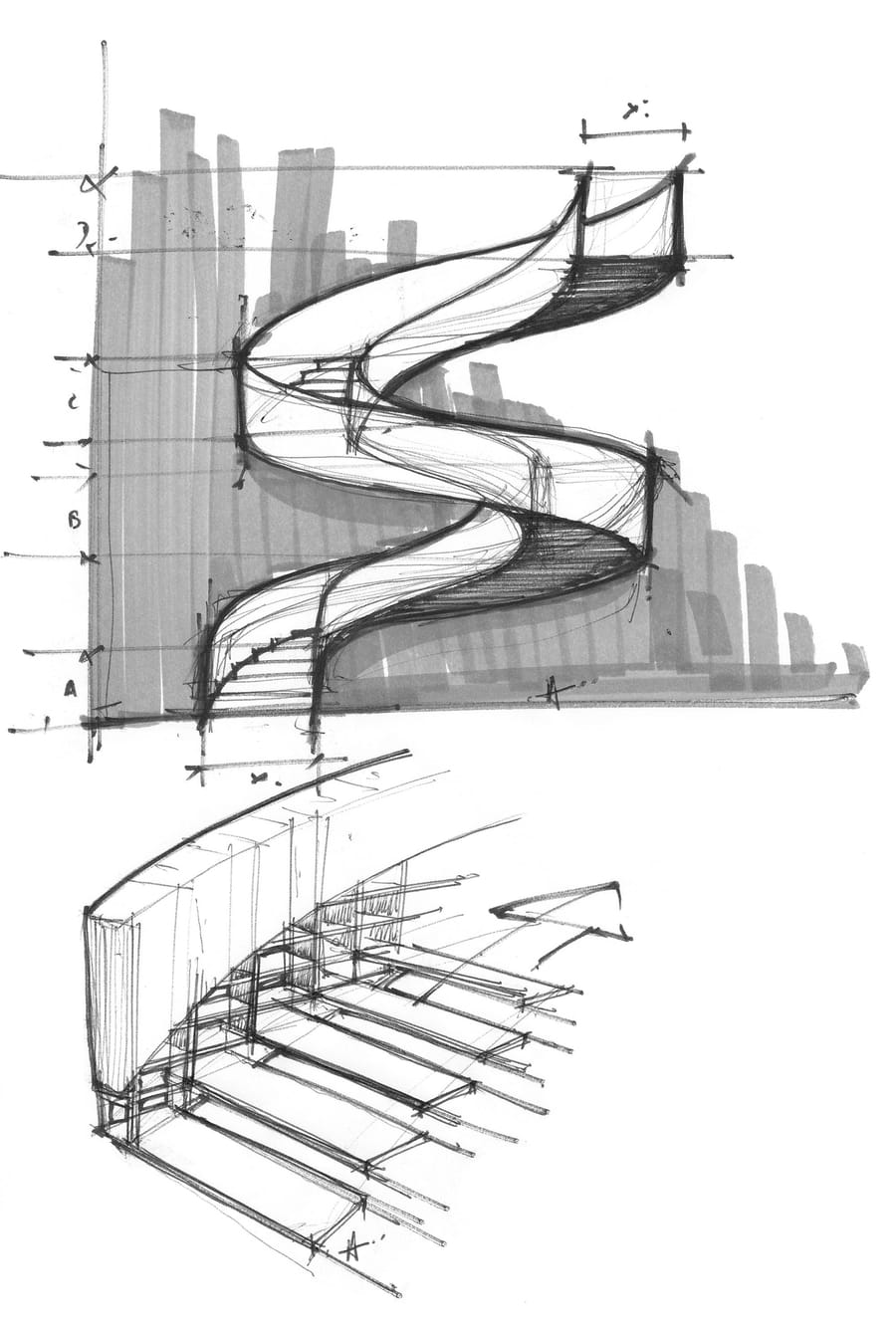 Croquis d'architecture au crayon montrant la conception d'un escalier hélicoïdal et des détails de marches, pour un projet, Hôtel Agassac à Ludon-Médoc