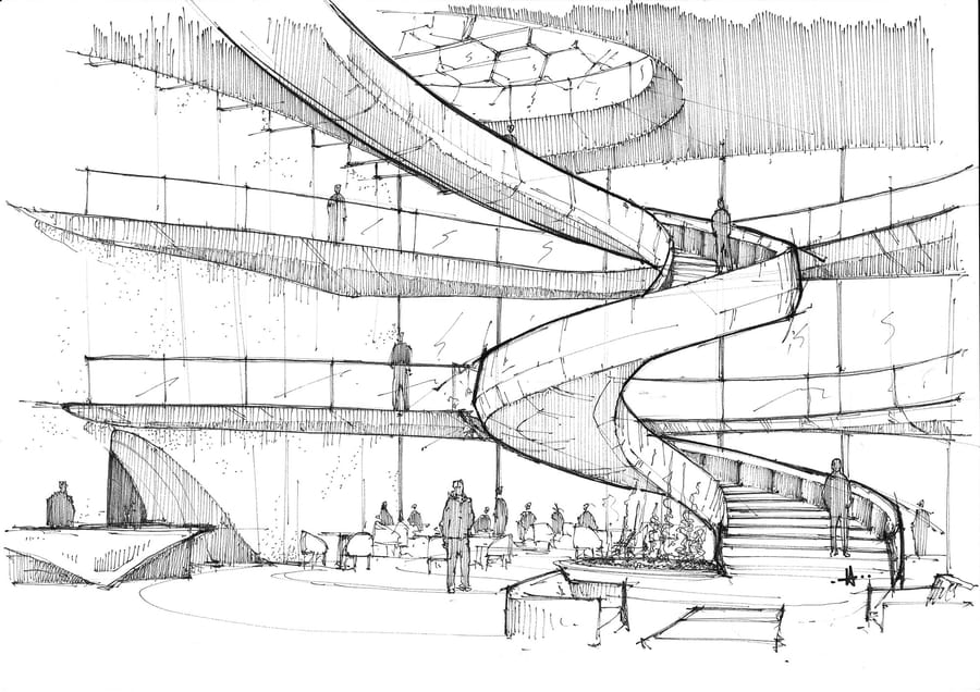 Dessin conceptuel d'un hall intérieur moderne avec un grand escalier hélicoïdal et des mezzanines, pour un projet d'architecture, Hôtel Agassac à Ludon-Médoc