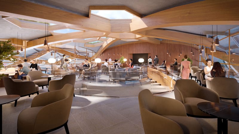Espace lounge lumineux au design contemporain avec structure en bois au plafond et espaces de détente meublés de fauteuils