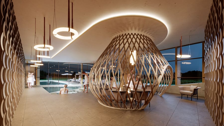 Espace spa intérieur avec piscine, luminaires en anneaux et structure en bois tressé abritant un salon de repos