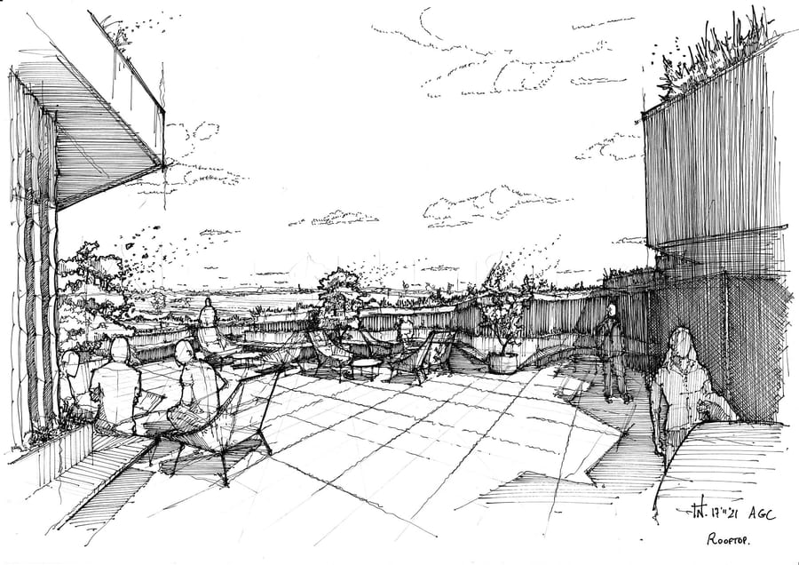 Esquisse d'un toit-terrasse aménagé avec du mobilier d'extérieur et des plantes, pour un projet hôtelier, Hôtel Agassac à Ludon-Médoc