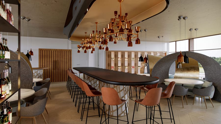 Intérieur d'un bar contemporain aménagé avec un grand comptoir central, des tabourets hauts et des lustres suspendus, à l'Hôtel Agassac Living