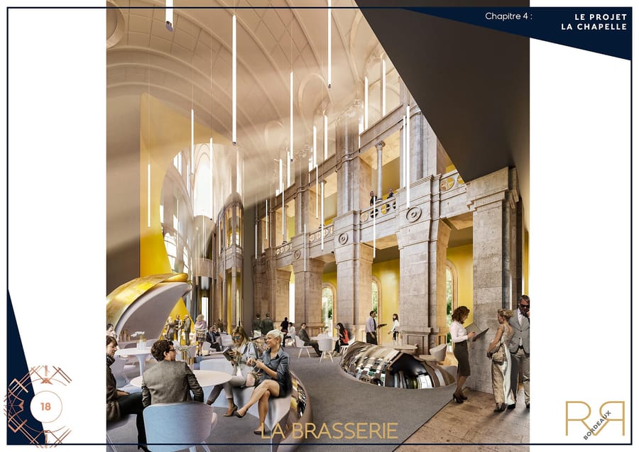 Aménagement moderne d'une brasserie spacieuse sous les voûtes en pierre d'une ancienne chapelle, Hôtel Casteja à Bordeaux