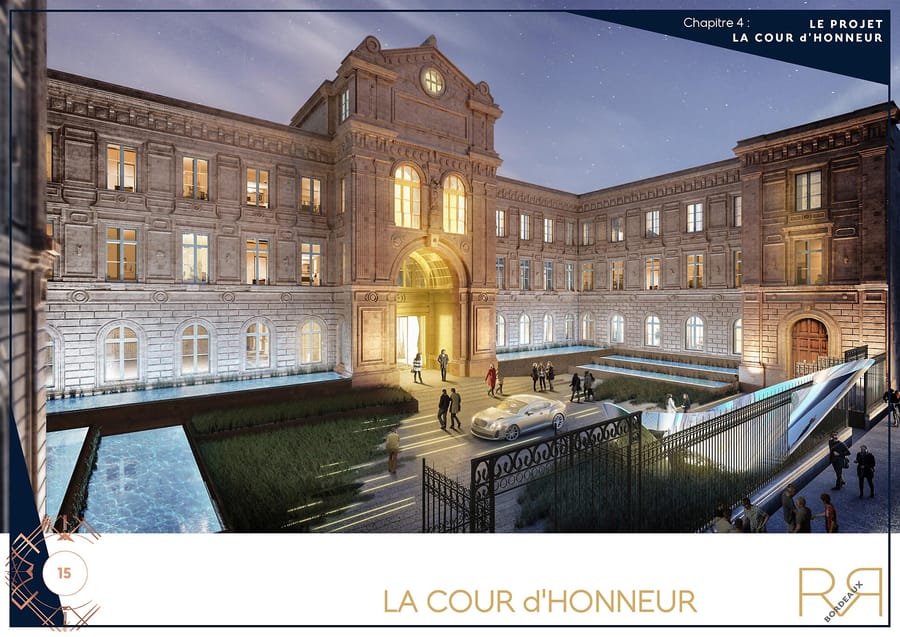 Cour d'honneur illuminée d'un bâtiment historique en pierre avec des bassins d'eau et une grille en fer forgé, Hôtel Casteja à Bordeaux