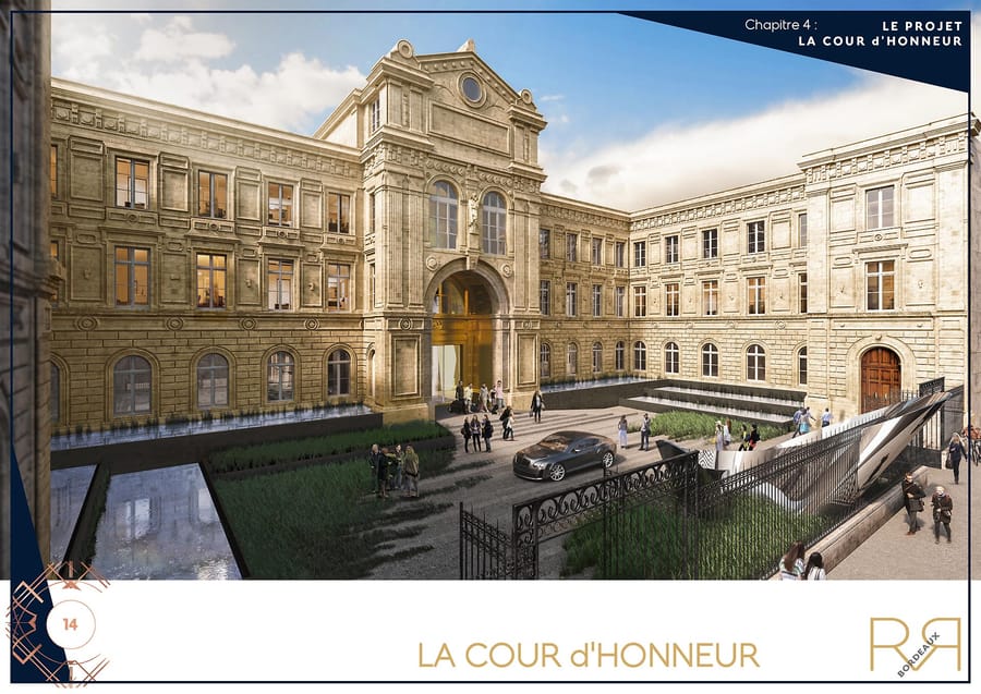 Cour d'honneur réaménagée d'un bâtiment historique en pierre avec des bassins et des espaces verts, Hôtel Casteja à Bordeaux