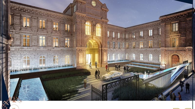 Cour intérieure illuminée d'un grand bâtiment historique en pierre avec bassins d'eau et passants, Hôtel Casteja à Bordeaux