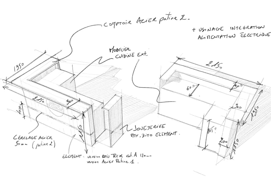 Croquis d'architecture annoté présentant le dessin technique d'un comptoir de cuisine extérieure pour le restaurant Le Cercle Guiraud, à Sauternes