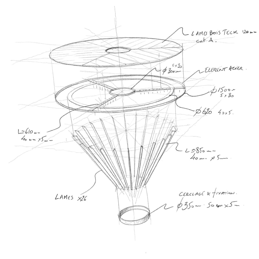 Croquis fait main avec cotations techniques présentant la vue éclatée d'une table circulaire en teck et acier