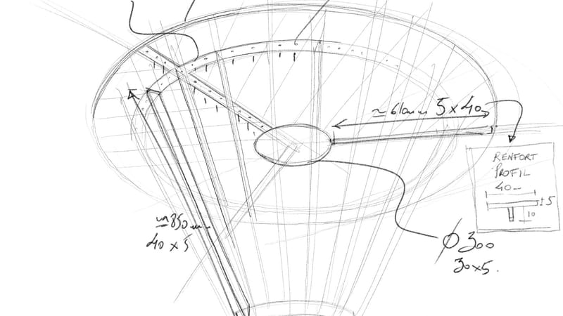 Croquis technique annoté présentant la structure et les cotations d'un équipement sur mesure pour le restaurant Le Cercle Guiraud, à Sauternes