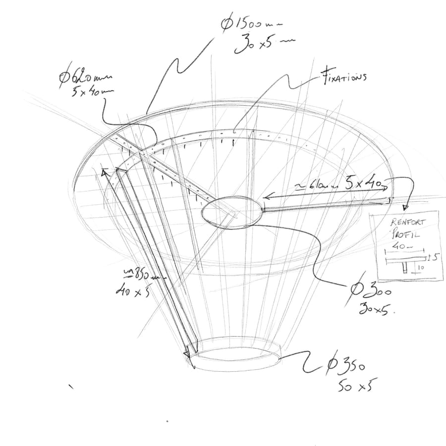 Croquis technique au crayon d'une structure conique annotée de dimensions pour un projet de design d'intérieur, Le Cercle Guiraud à Sauternes
