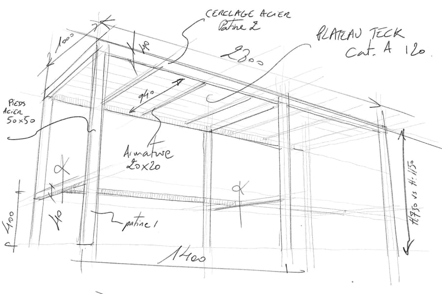 Croquis technique fait main d'un meuble en acier et teck avec ses cotes et annotations, pour un projet d'agencement, Le Cercle Guiraud à Sauternes