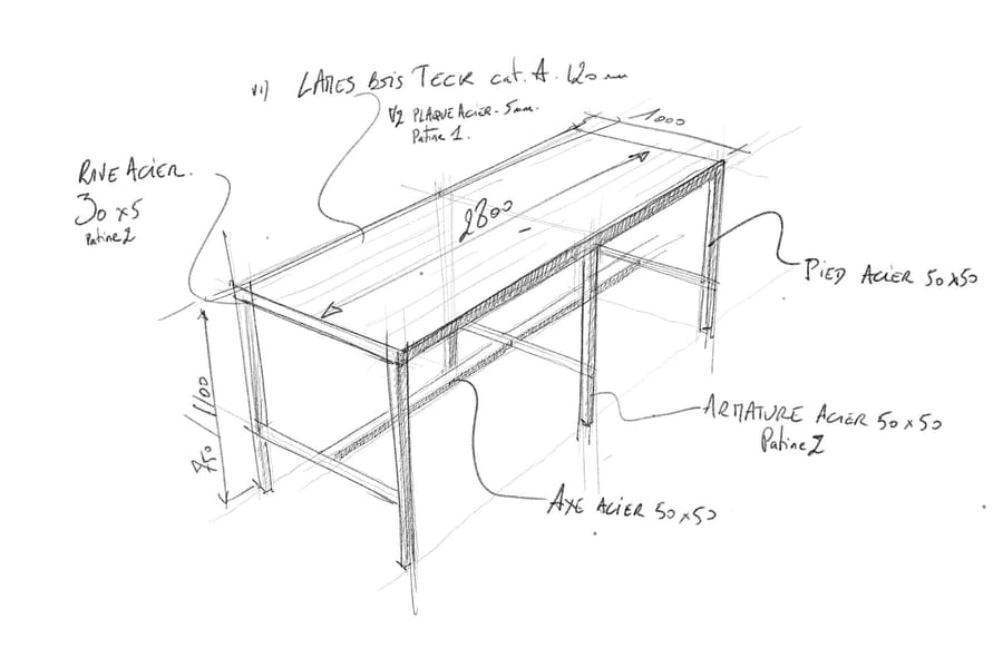 Dessin technique d'une grande table en bois et acier avec cotations et annotations manuscrites pour un projet d'aménagement, Le Cercle Guiraud à Sauternes