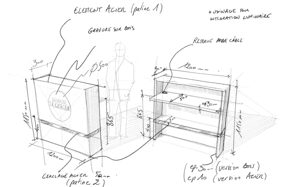 Dessin technique d'un meuble en bois et acier avec ses dimensions pour l'aménagement du restaurant Le Cercle Guiraud, à Sauternes