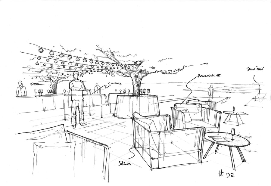 Esquisse d'aménagement d'une terrasse de restaurant avec salon lounge, comptoirs et espace boulodrome, Le Cercle Guiraud à Sauternes