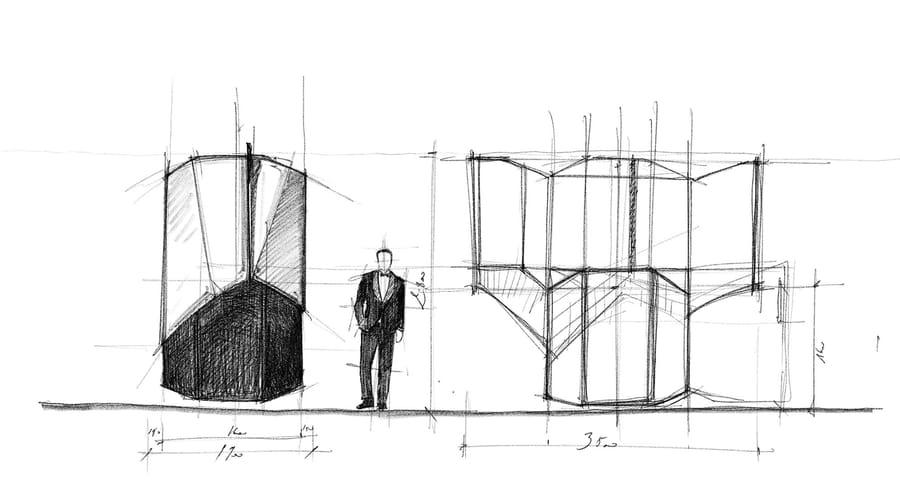 Croquis d'architecture au crayon présentant des structures modulaires cotées et une silhouette humaine à l'échelle pour un projet, Maison C&L