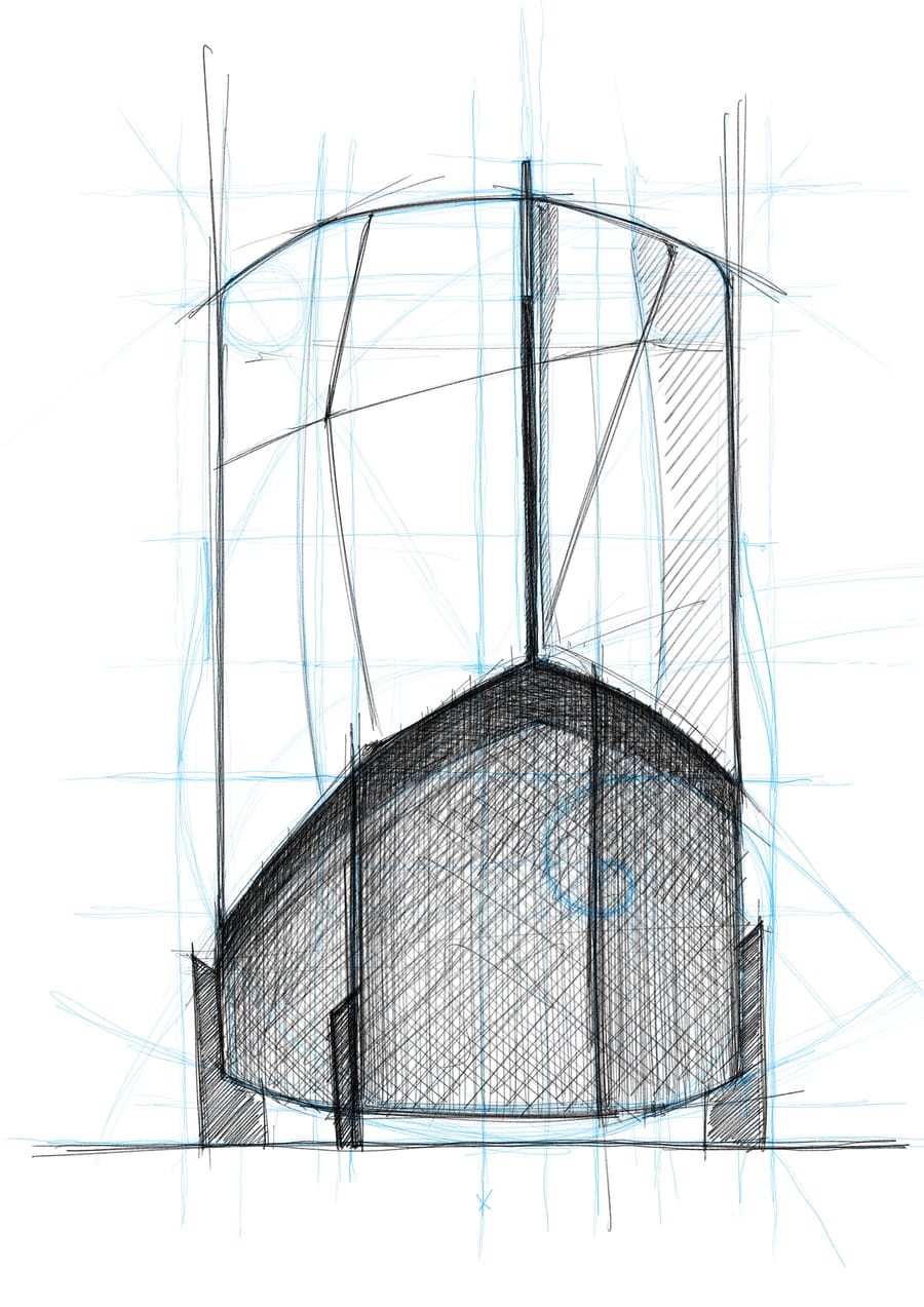 Croquis d'architecture aux traits noirs et bleus représentant la structure de la Maison C&L