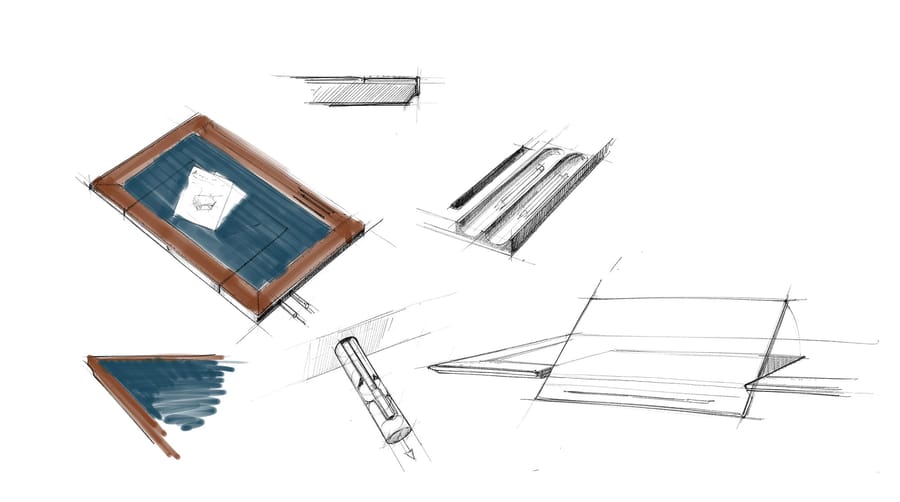 Croquis de conception d'une table de billard en bois avec tapis bleu et détails techniques de menuiserie, Maison C&L