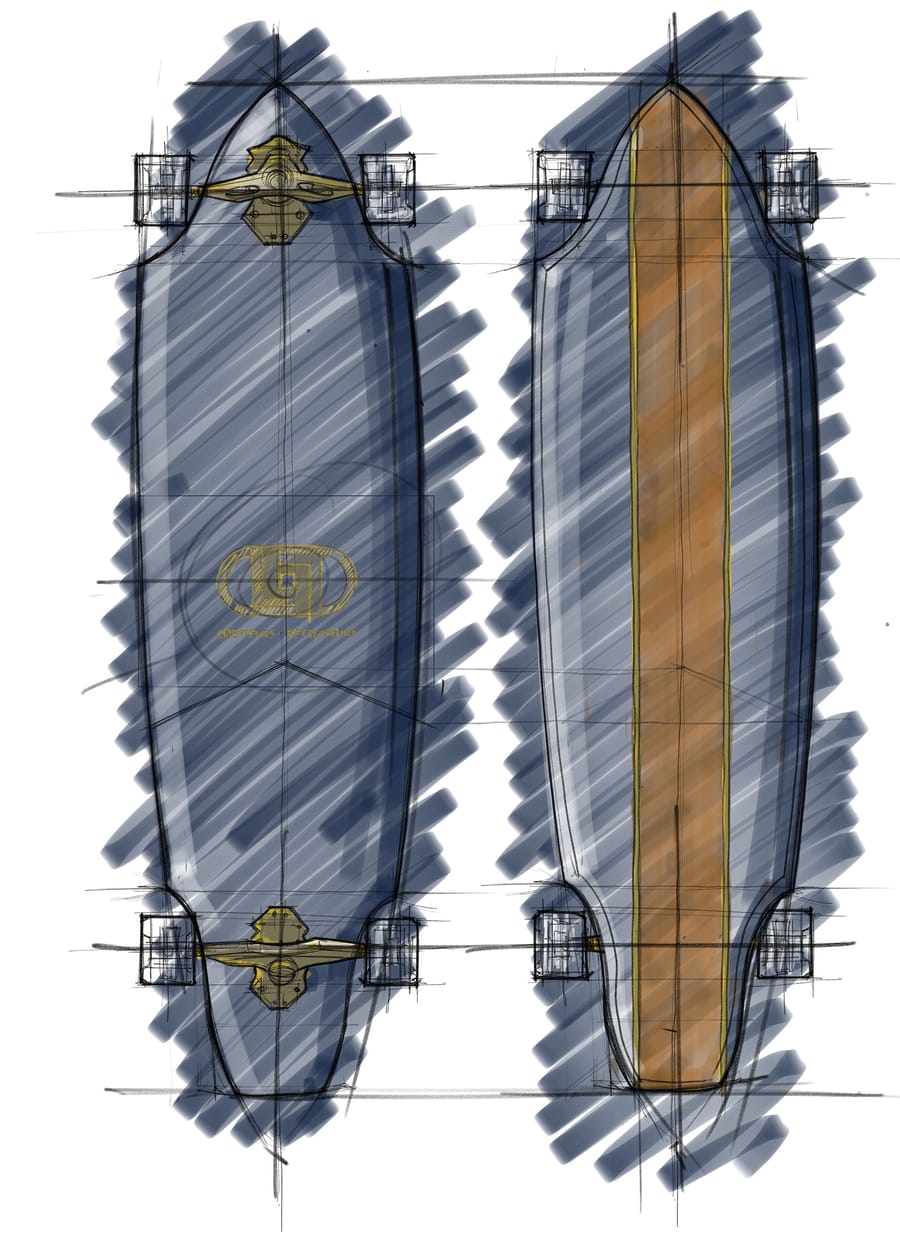 Croquis conceptuel présentant les vues supérieure et inférieure d'un skateboard longboard aux teintes bleues et bois