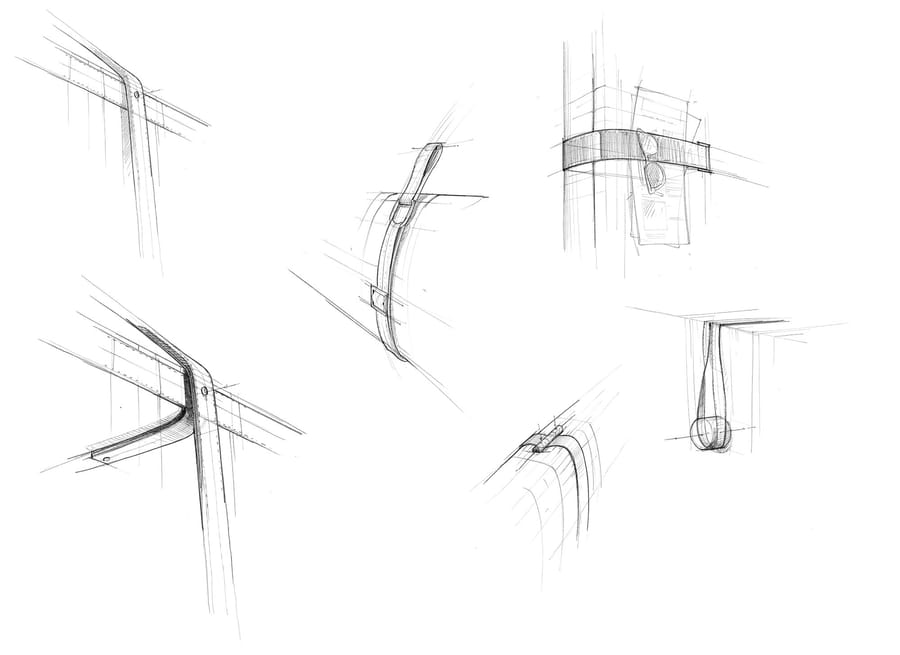 Croquis au crayon de détails d'agencement, de sangles en cuir et d'attaches design pour un projet d'architecture, Maison C&L