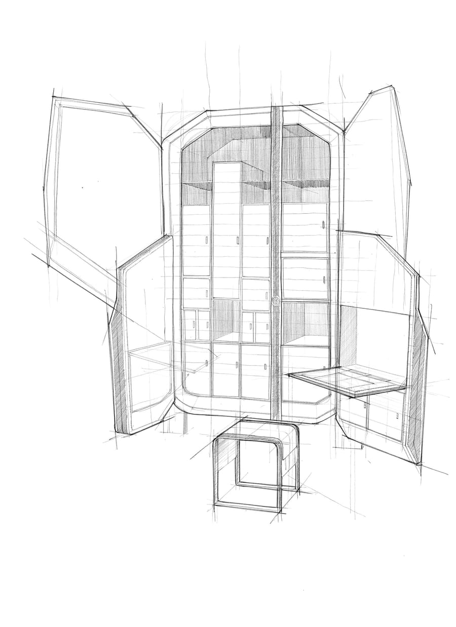 Croquis au crayon d'un meuble de rangement sur mesure avec secrétaire rabattable et tabouret, pour un aménagement intérieur, Maison C&L