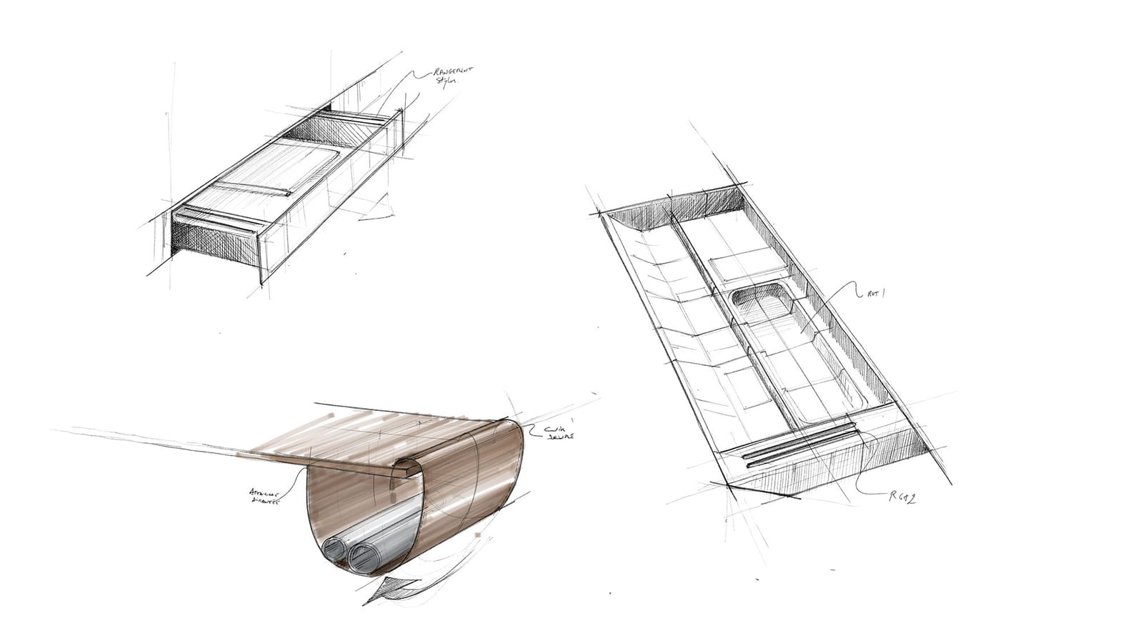 Croquis au crayon présentant différents concepts de mobilier et de rangements intégrés pour la Maison C&L