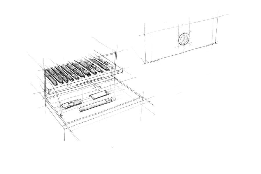 Croquis au crayon représentant une cave à cigares sur mesure et ses accessoires, imaginée par un cabinet d'architecture, Maison C&L