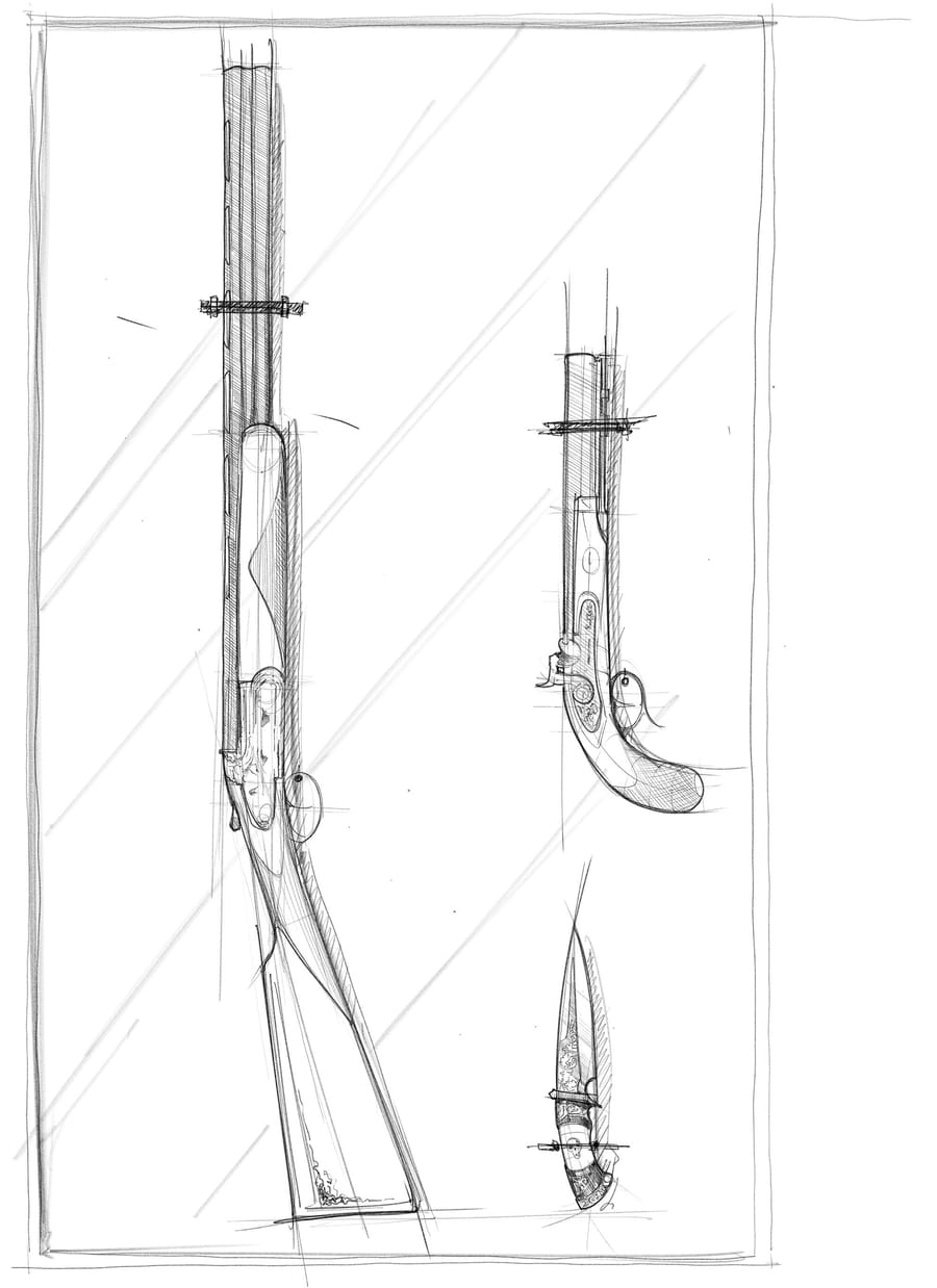 Croquis au crayon représentant un fusil de chasse, un pistolet ancien et une dague