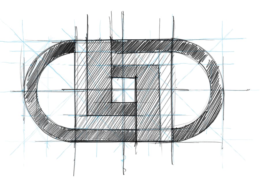Croquis au crayon d'un symbole géométrique hachuré avec des lignes de construction bleues, Maison C&L