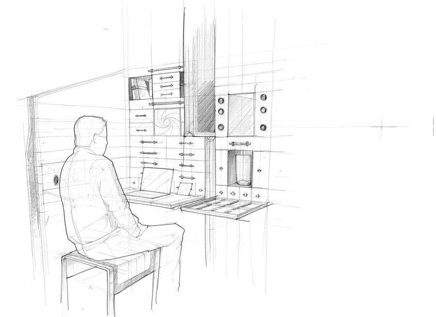 Croquis d'un homme assis à un bureau sur mesure avec un ordinateur portable pour l'aménagement de la Maison C&L