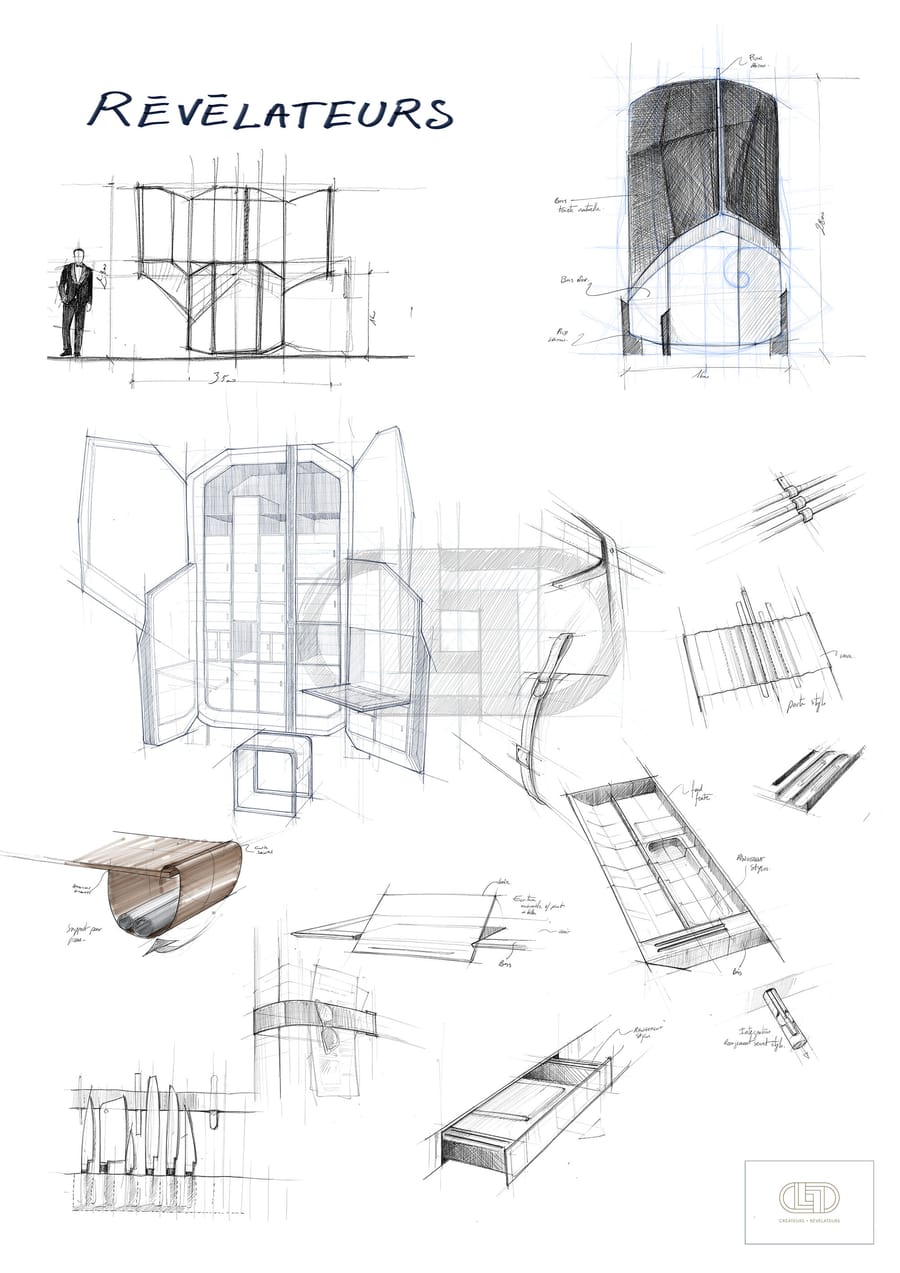 Croquis de design d'intérieur montrant les esquisses d'un meuble de rangement sur mesure avec ses annotations techniques, Maison C&L