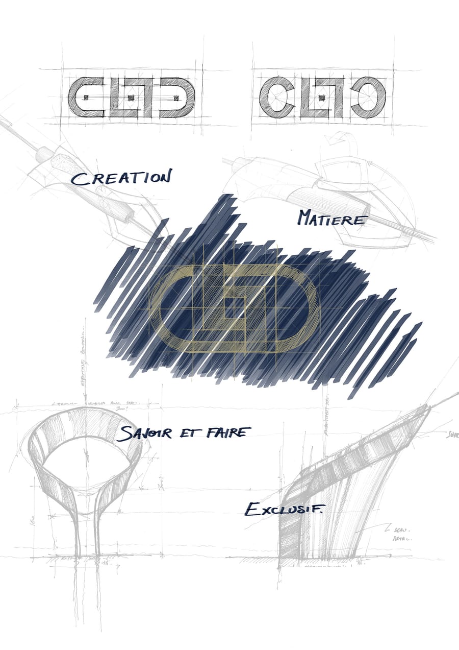 Croquis de design et de logos annotés des mots Création, Matière, Savoir et faire et Exclusif, Maison C&L