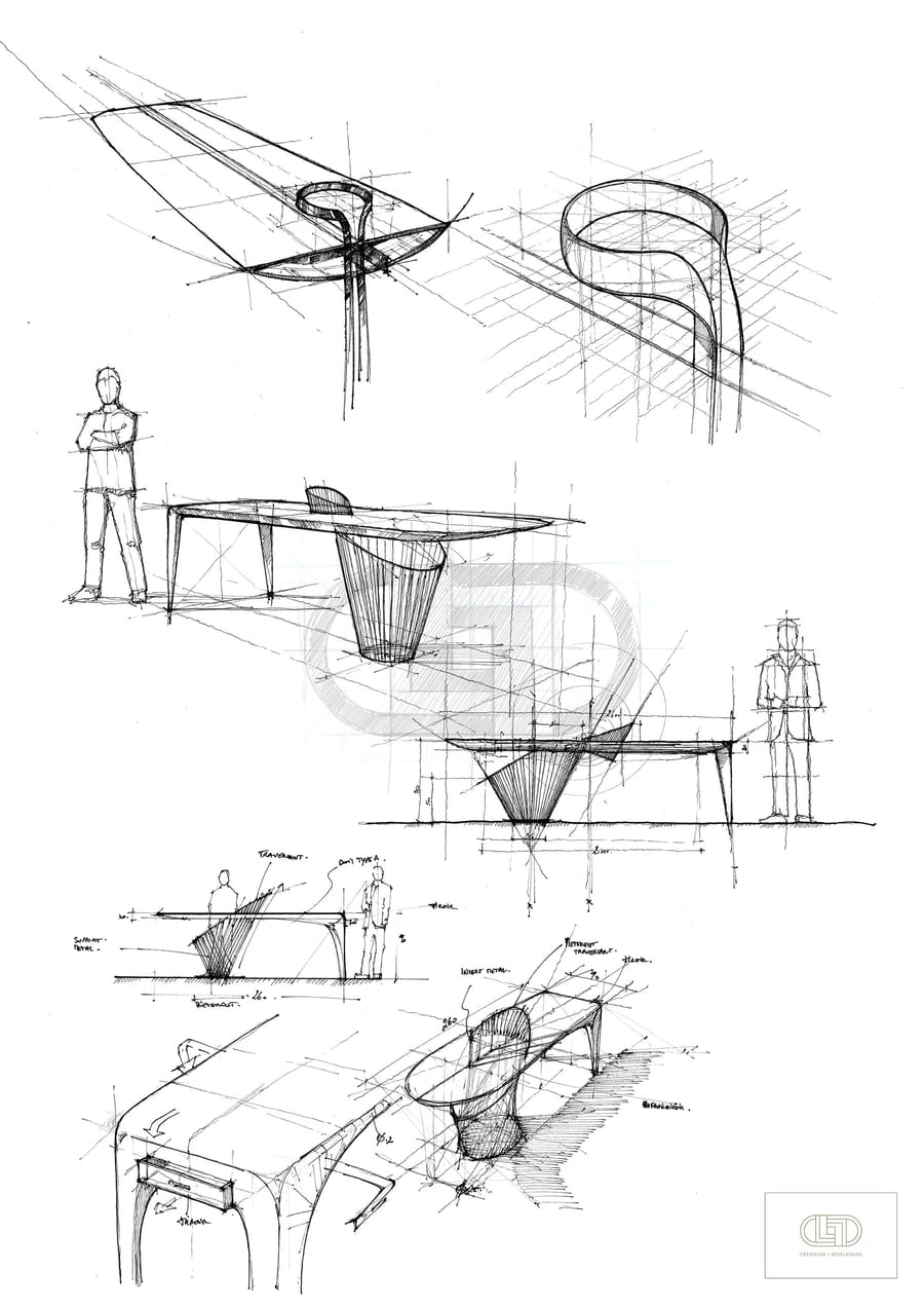 Croquis préparatoires au crayon représentant le design d'une table avec silhouettes d'échelle et annotations techniques, par un cabinet d'architecture à Bordeau