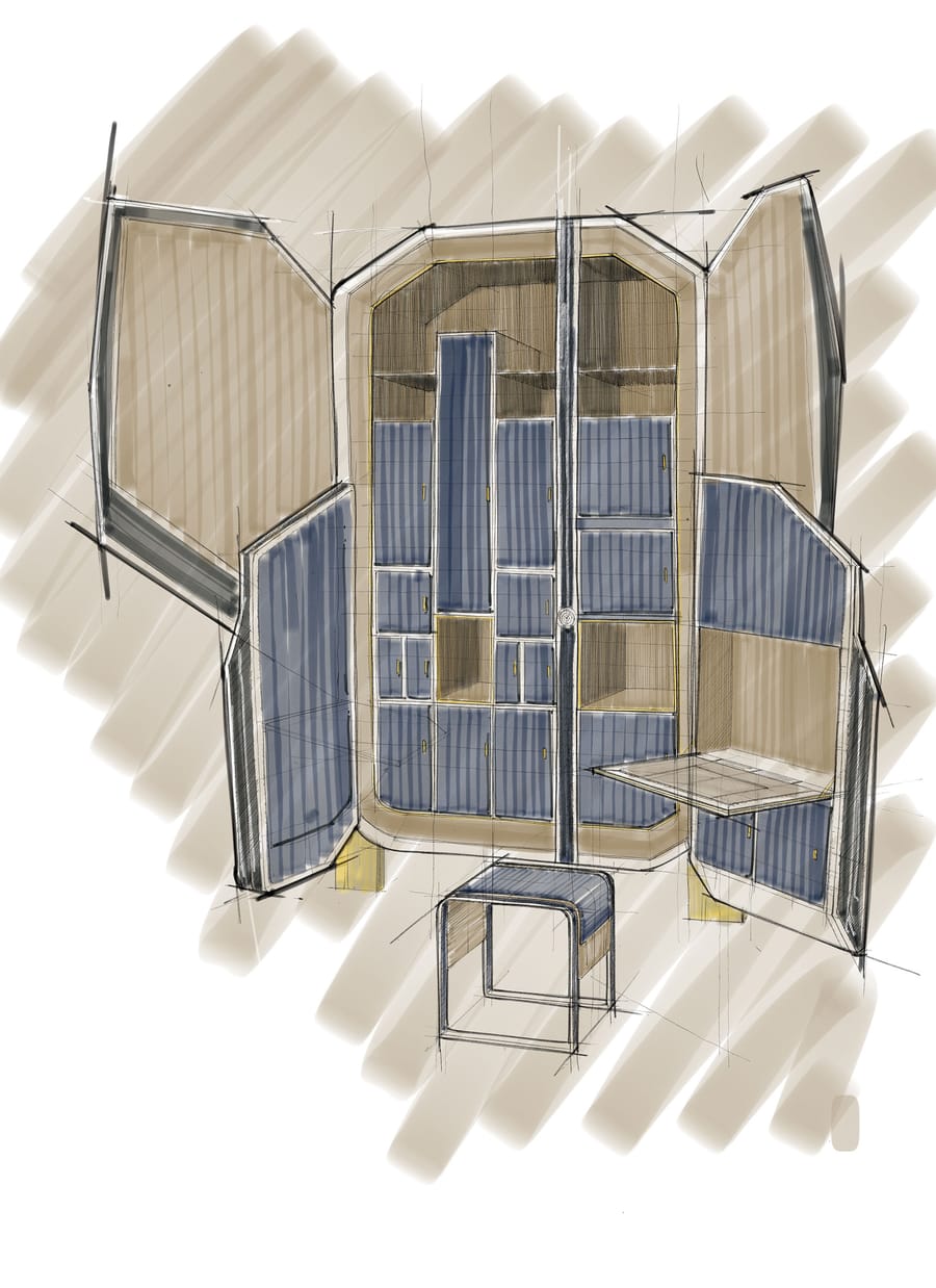 Dessin de conception d'une armoire sur mesure avec rangements et tabouret assorti pour un aménagement d'intérieur, Maison C&L