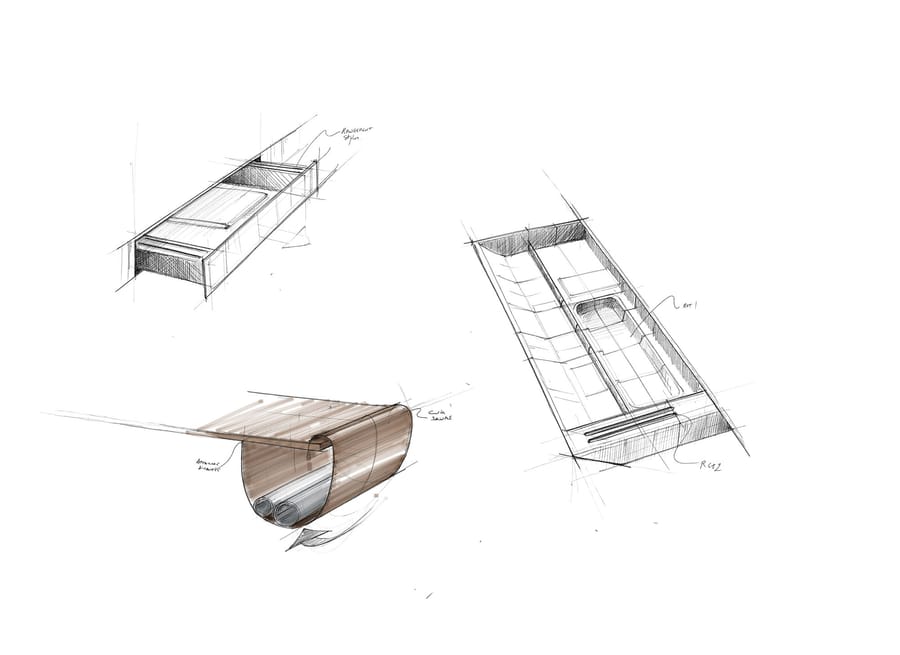 Dessins au crayon de mobilier sur mesure et de rangements intégrés pour un projet d'architecture d'intérieur, Maison C&L