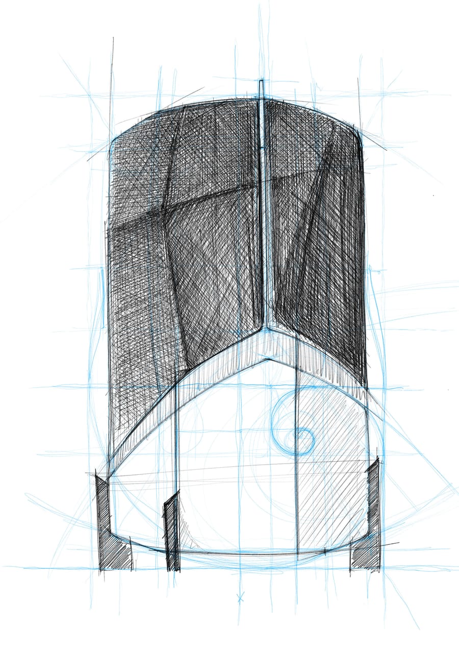 Esquisse architecturale aux traits noirs et bleus représentant le volume d'un bâtiment contemporain pour un projet, Maison C&L