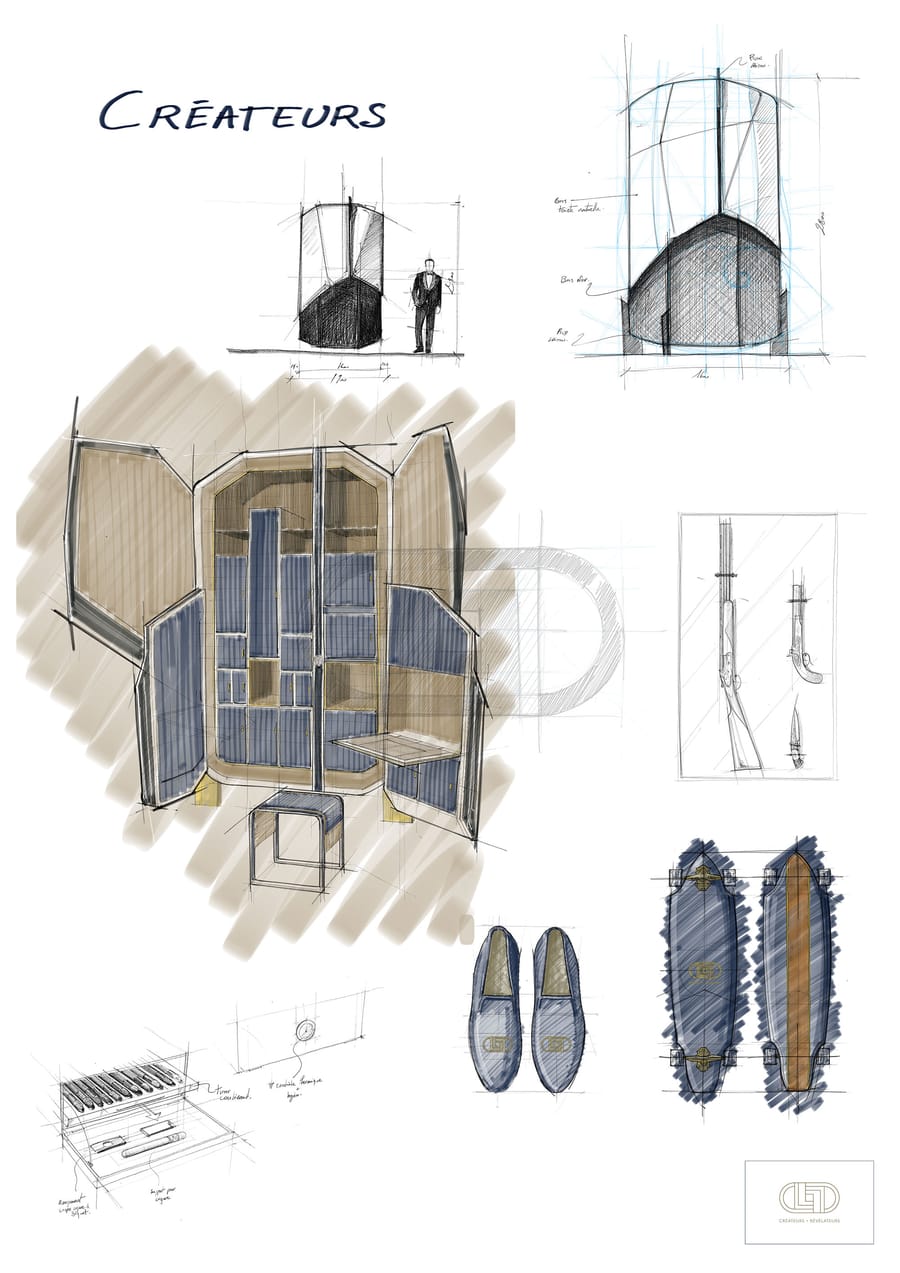 Planche de croquis de design d'intérieur illustrant du mobilier sur mesure, des chaussures et des accessoires, Maison C&L