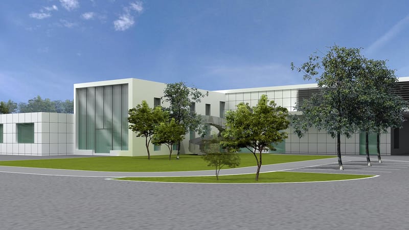 Bâtiment moderne aux façades blanches et vitrées entouré d'arbres et de pelouse, conçu par un cabinet d'architecture, Merck Biodevelopment à Martillac