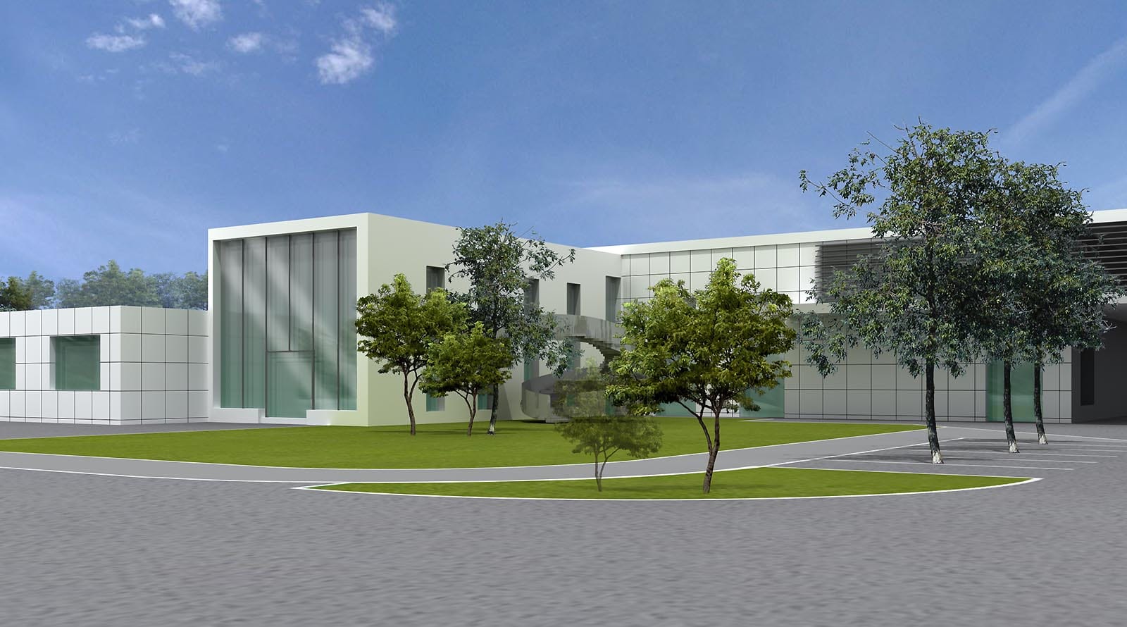 Bâtiment moderne aux façades blanches et vitrées entouré d'arbres et de pelouse, conçu par un cabinet d'architecture, Merck Biodevelopment à Martillac