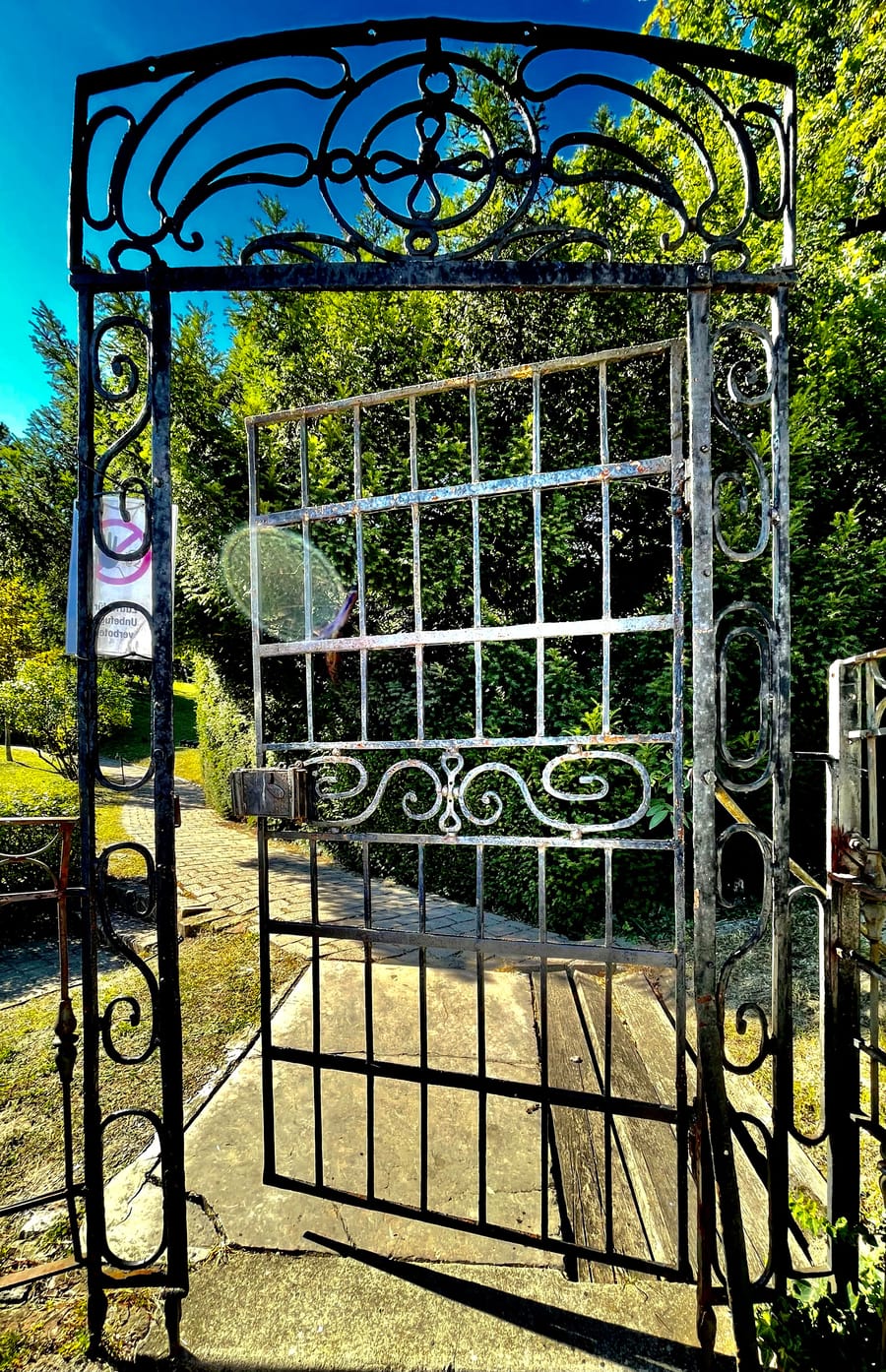 Portail en fer forgé à motifs volutés ouvert sur un jardin arboré avec une allée pavée