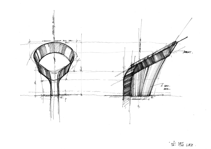 Croquis architectural réalisé à l'encre présentant une structure en vue de face et de profil pour un projet, SFZ à Paris