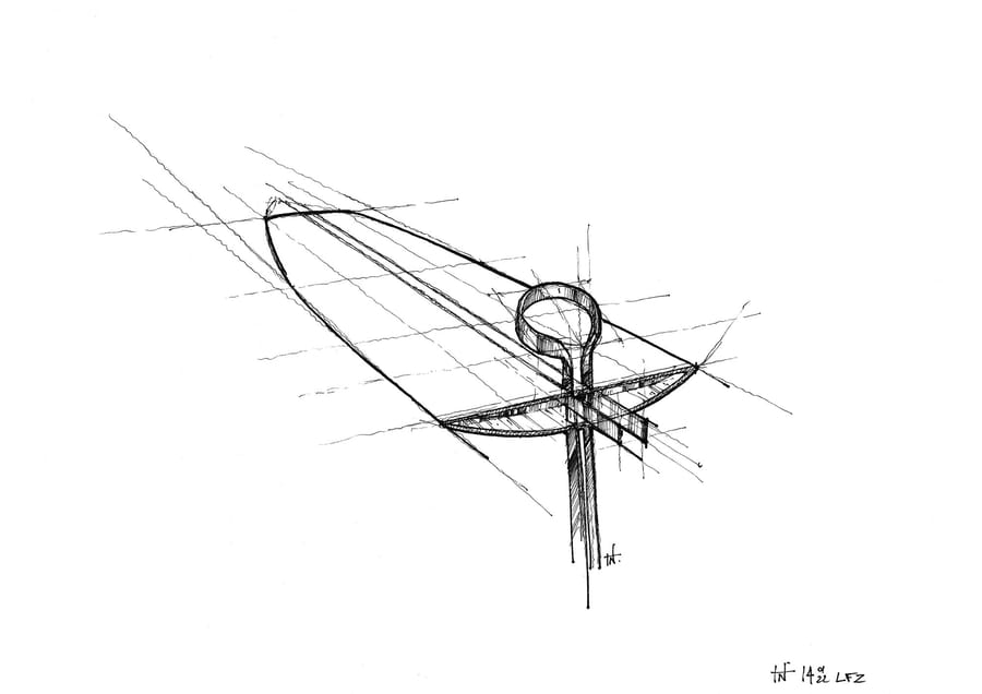 Croquis architectural tracé à l'encre noire montrant les lignes de perspective d'une structure, SFZ à Paris