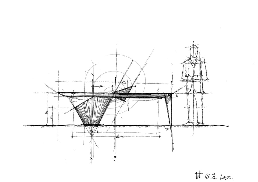 Croquis d'architecture à l'encre montrant le dessin coté d'un meuble à côté d'une silhouette humaine, SFZ à Paris